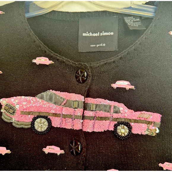 Michael Simon Vintage Pink Cadillac Sequin Beads Cardigan Sweater Cotton Whimsy - Picture 5 of 16